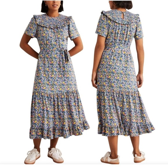 Boden Smocked Yoke Jersey Midi Dress Riviera Blue, Abstract Ditsy - Picture 1 of 7